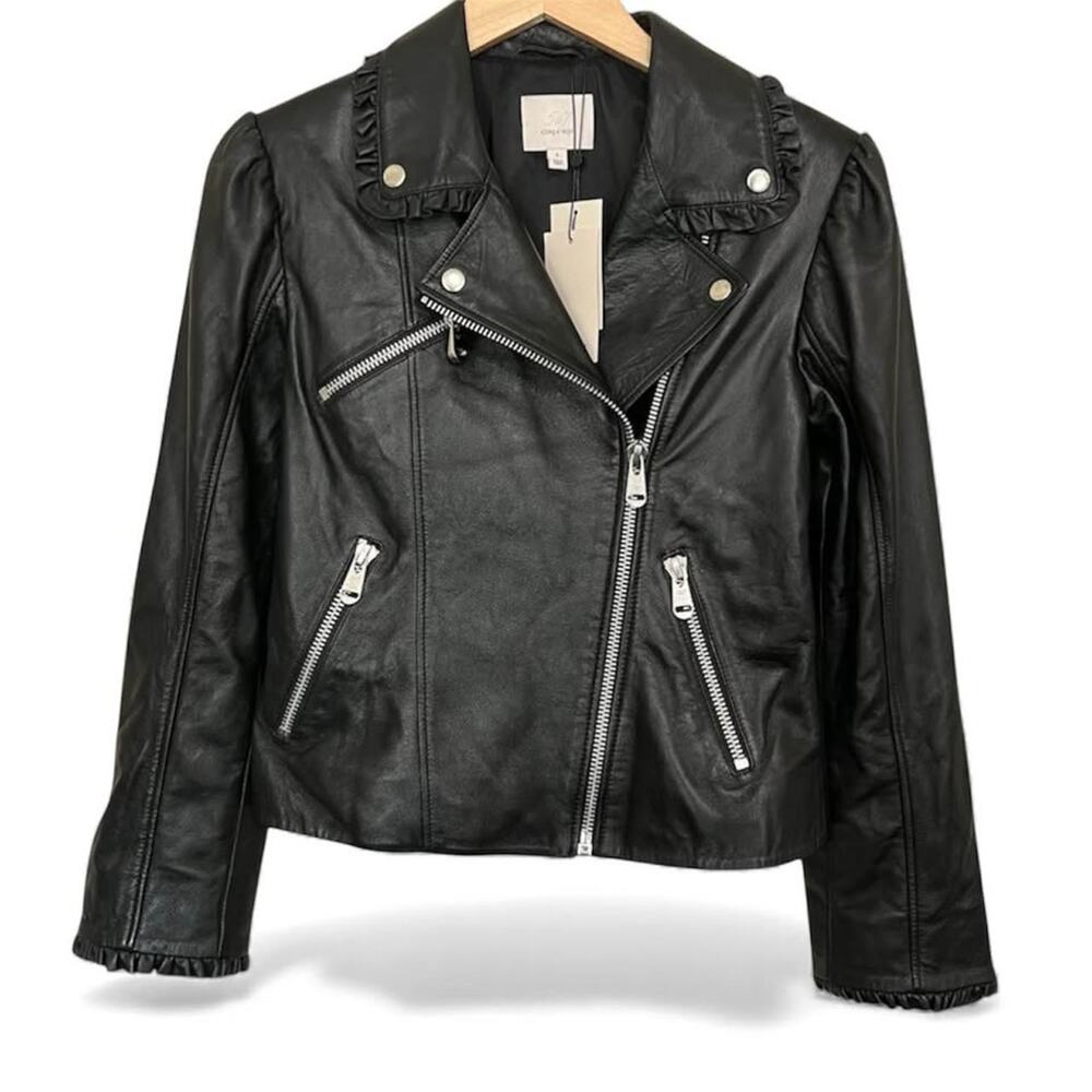 NWT Cinq à Sept Eloise Black Leather Ruffle Moto Biker Jacket Women's Sz Small